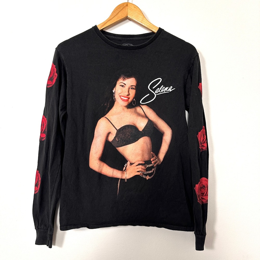 Selena Quintanilla Graphic Tee Black Long Sleeve Rose Print Shirt S Y2K Style